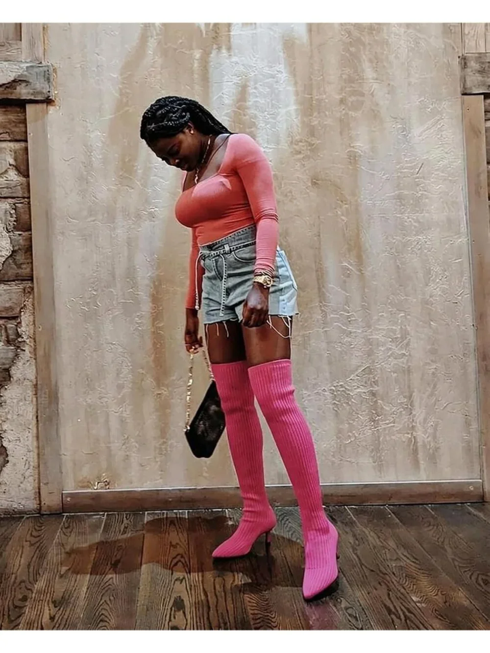 Women's Pink Pointed Toe Synthetic High Heel Stretch Over The Knee Knit Boots